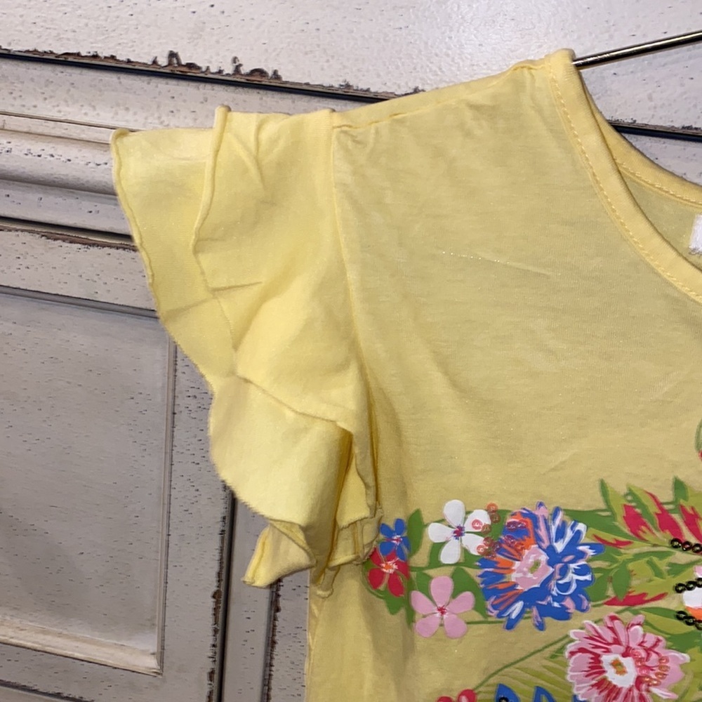 Flapdoodles yellow shirt flutter sleeves green Dragonfly floral sequin design 6X - Picture 4 of 8